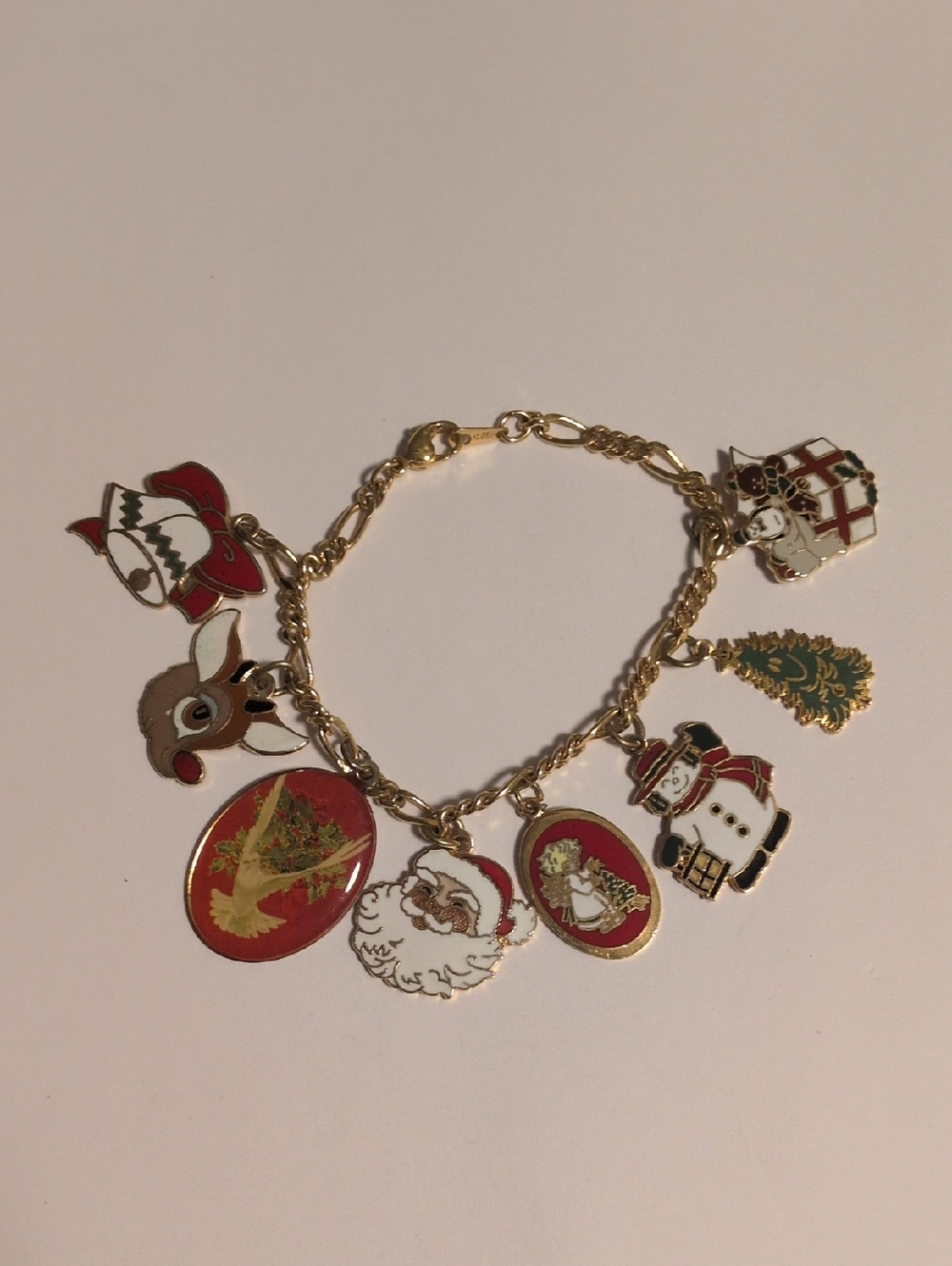 1980s Vintage Made In‎ Korea Gold Christmas Charm Bracelet - Red & Green Charms